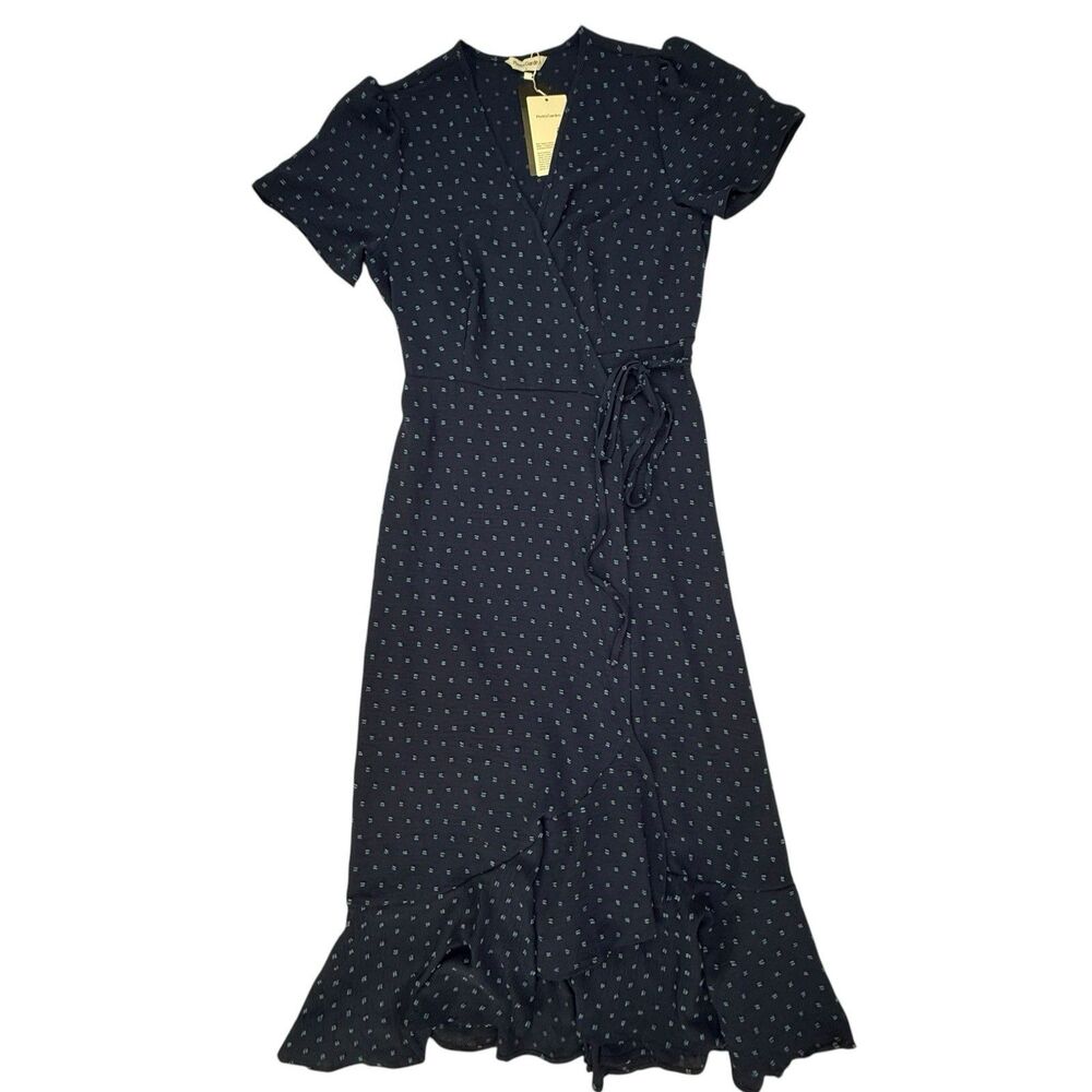 Pretty Garden NEW Ruffled Maxi Wrap Dress Large Blue Clip Dot Short Sleeve